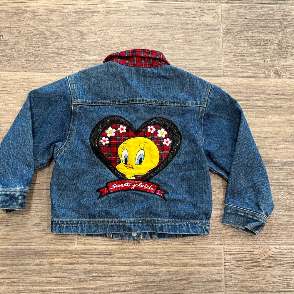 Vintage Looney Tunes Warner Bros Girls Denim Jacket with Tweety Heart Patch